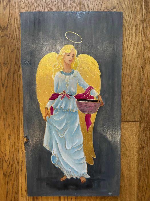 Anioł, obraz na desce, pastel suchy, 52,3-53,5x29-27x1,7 cm