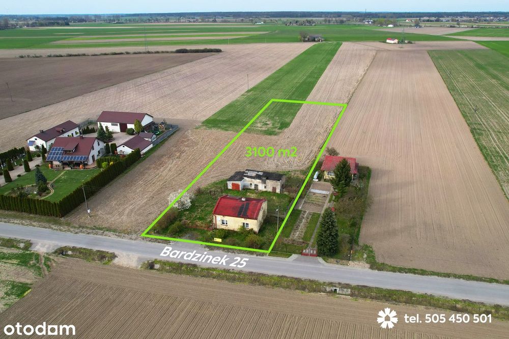 Siedlisko z działką 3100 m2, dom 60 m2, budynek gospodarczy z garażem