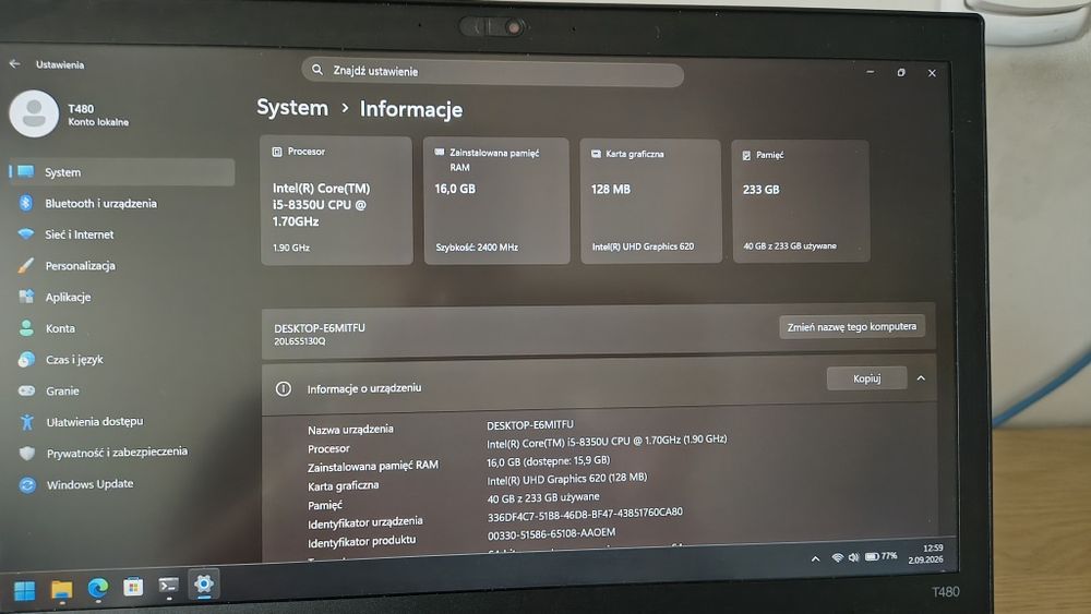 Thinkpad T480 NOWA BATERIA