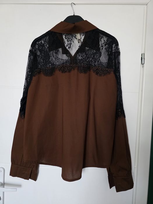 Włoska czekoladowa koszula z koronką oversize 44 46 48
