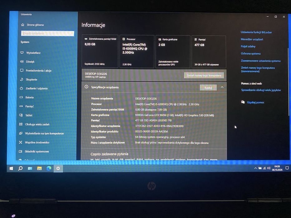 HP OMEN 15 – i5-6300HQ / 8 GB RAM / GTX 960M / SSD 512 GB / nowa bateria