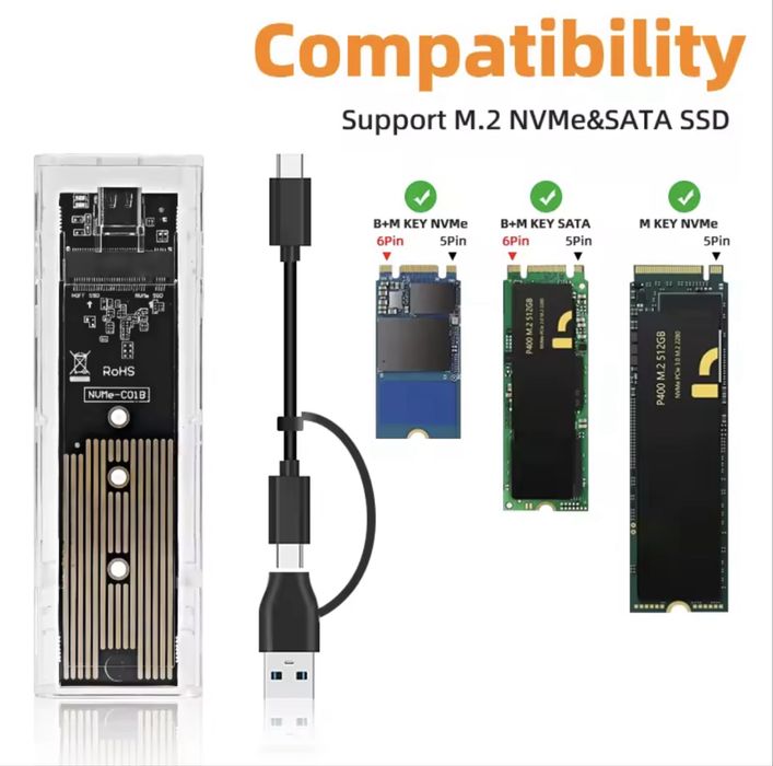 Case Карман DualProtocol Magnetic M2 2,5 NVMe NGFF SATA SSD 10Gbps ссд