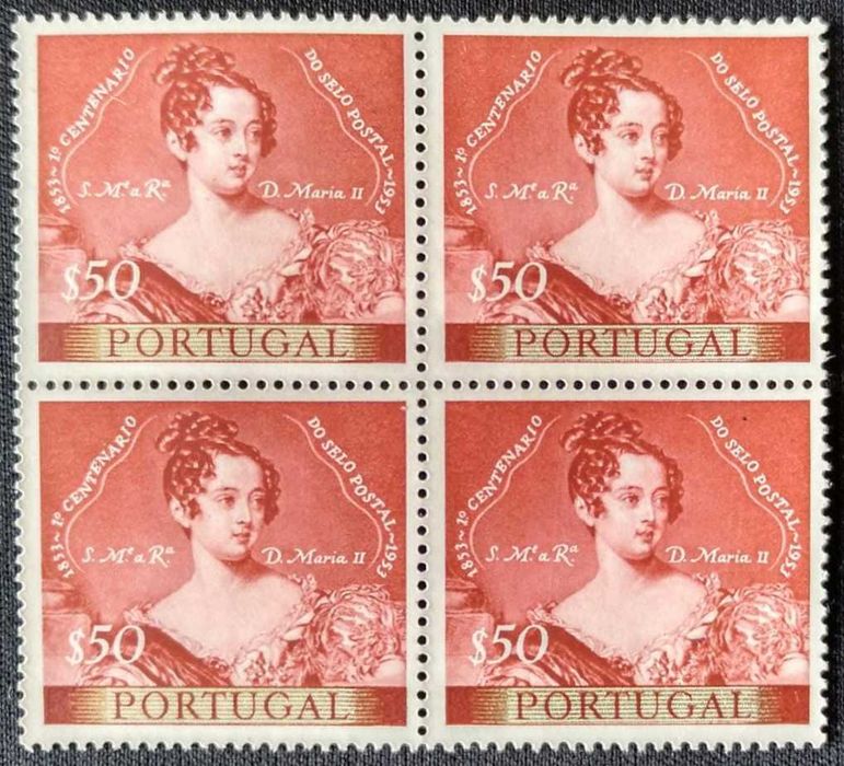 Quadra de selos novos de $50 - 1. Centenário do selo Português - 1953