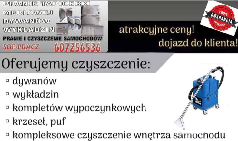 Pranie dywanów, tapicerki meblowej,ozonowanie. Dojazd do klienta.