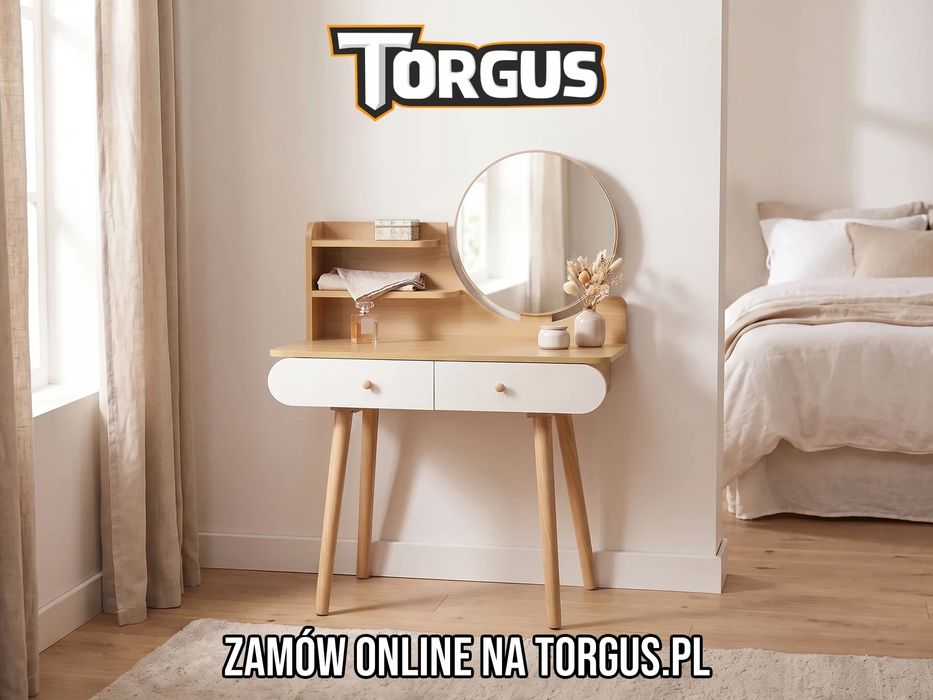 NOWA Toaletka Kosmetyczna Scandi z Okrągłym Lustrem 40 cm 2 Szuflady Półki Biurko Makijażowe Skandynawska Jasny Buk Biała do Sypialni OKAZJA! FV