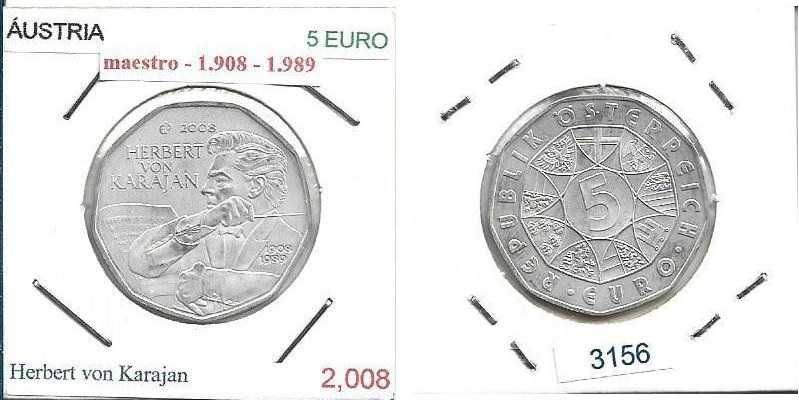 Áustria - - 5 Euros - 2008 - - Herbert von Karajan - - Moeda  de Prata