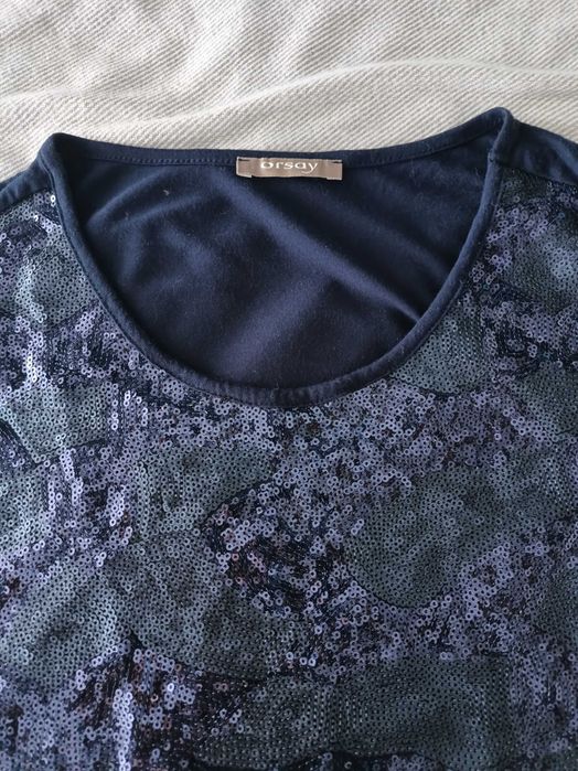 Granatowa bluzka top Orsay r. 38 – cekiny, idealna na imprezę