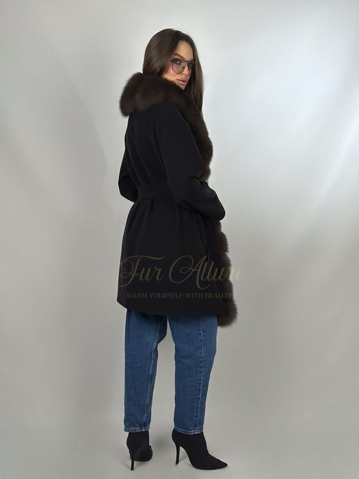 Жіноче чорне кашемірове пальто Мрія з хутром песця 90см,   42-56 рр