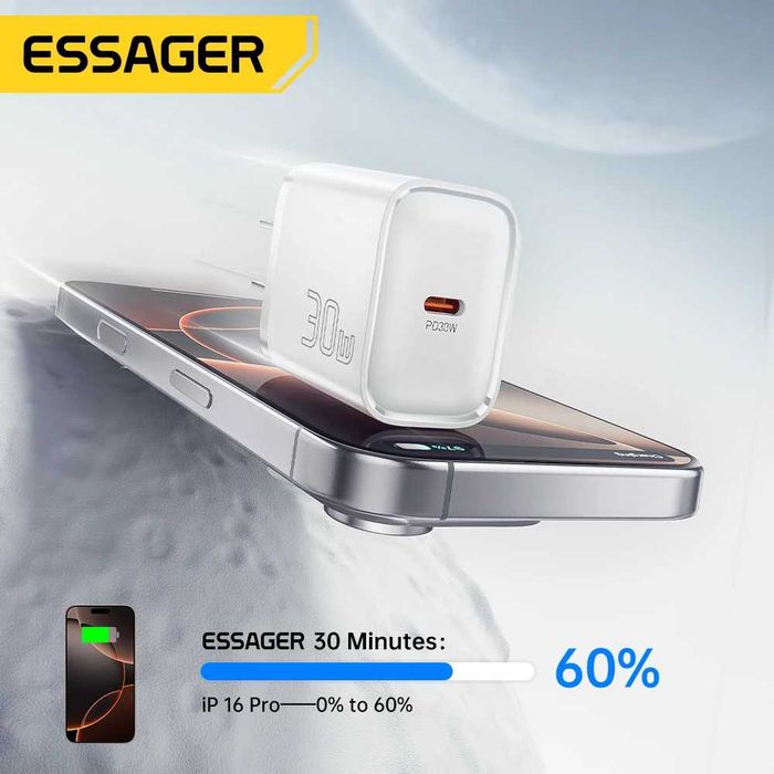 Комплект Зарядка і Кабель для iPhone Айфону. Зарядка 30W Essager Mini Type-C + Кабель Type-C-iPhone Lightning 1м Білий для iPhone. Кабель Lightning