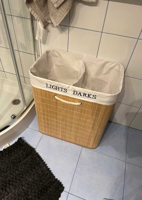 Duży Kosz Bambusowy na Pranie 100L Organizer Dwukomorowy Loft