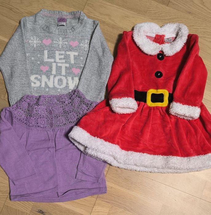 Zestaw 2 sweterków dla dziewczynki 86 + sukienka mikołajka