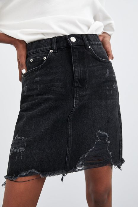 Zara Spódnica Jeansowa Ripped Denim Skirt XS 34 czarna