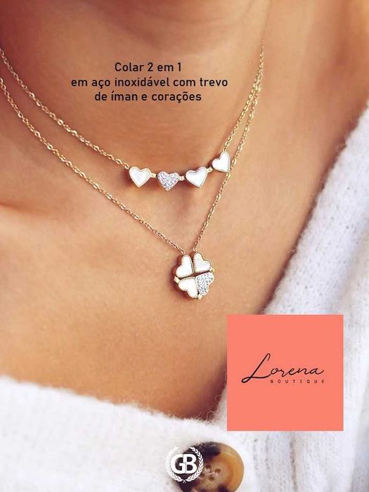 Colar 2 em 1 em aço dourado com brilhantes e madrepérola.