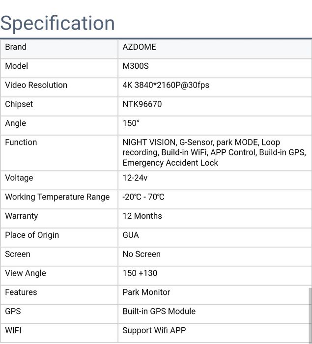 Kit 2 Câmaras Auto dashcam Azdome m300s 4k vigilância 24H wifi GPS Voz