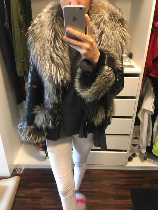 Prawdziwy kozuch lis naturalny futro S czarne kurtka skora