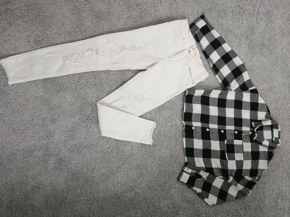 Białe spodnie Zara koszula w kratę H&M 152 bdb