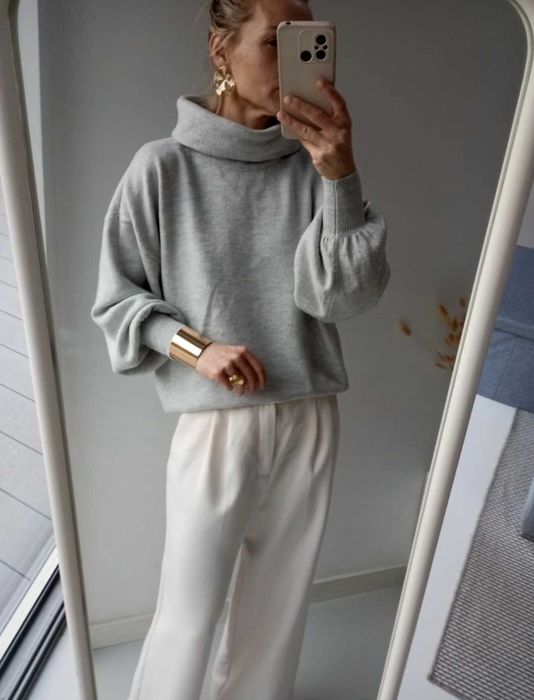 Asos szary sweter piękne rękawy duży L z golfem ciepły