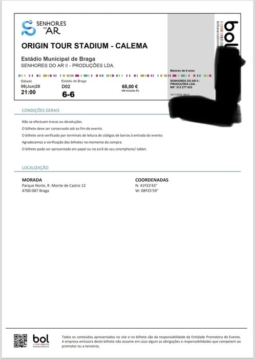 Bilhetes fisicos Calema, em Braga