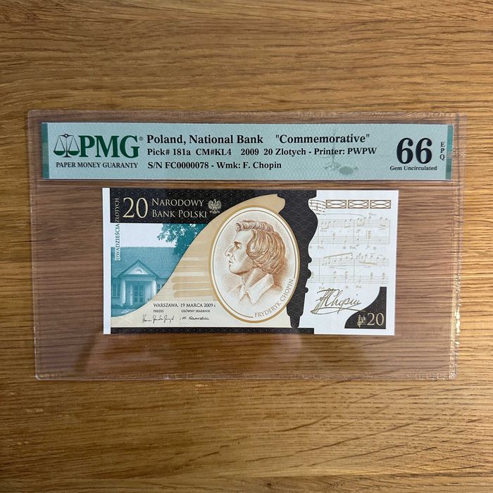 20 zł Chopin nr.78 dwucyfrowy ultra niski numer PMG 66 banknot 2010