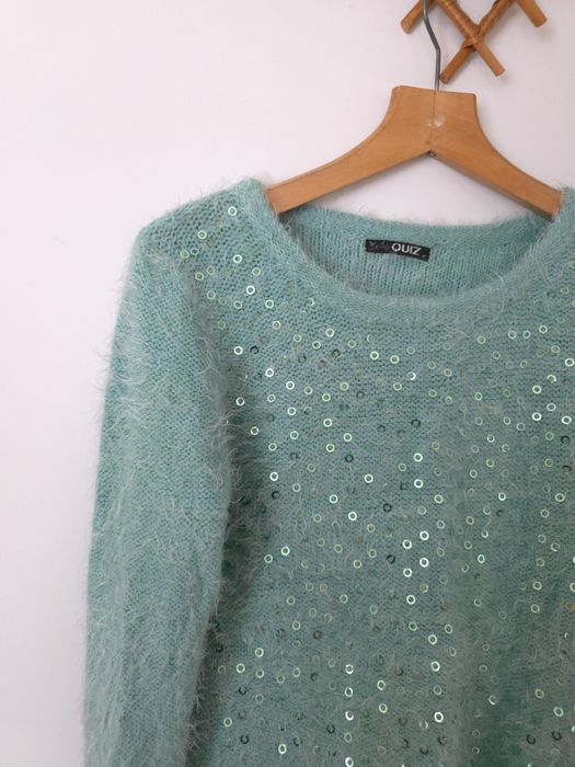 Miętowy turkusowy sweter z cekinami, QUIZ, M/38, futrzany miękki puszy