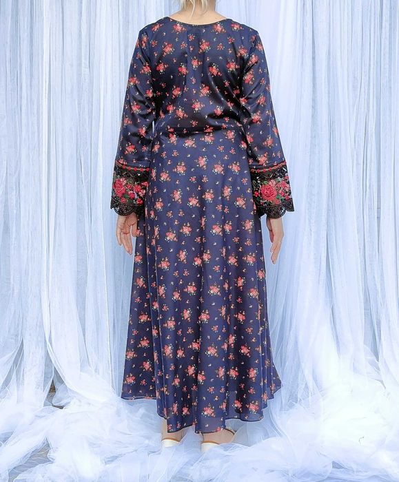 Komplet długa sukienka maxi spodnie M 38 bawełna czarna w kwiaty róże