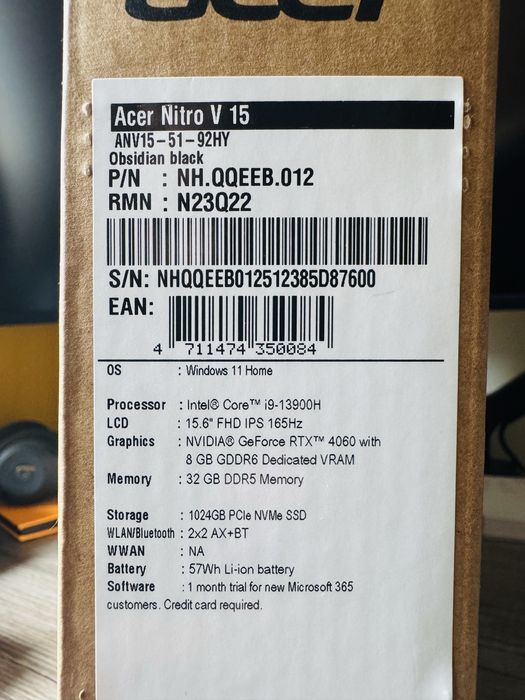 Acer Nitro i9 RTX4060 32GB 1TB NOVO