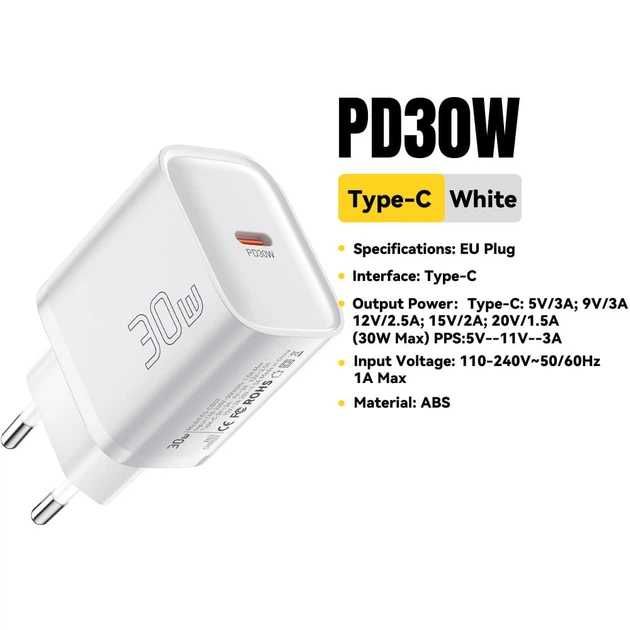 Зарядний пристрій , зарядка Essager 30W    Type C  біла