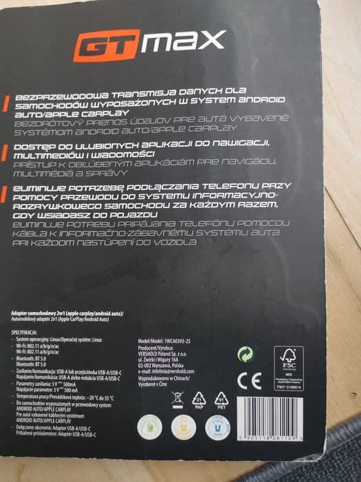 Bezprzewodowy adapter CarPlay Android Auto samochodowy GT Max 2w1