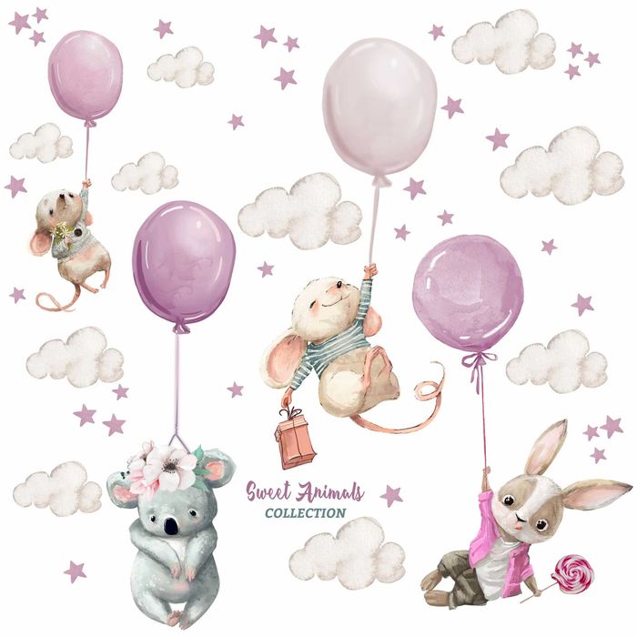 Naklejka na ścianę – Króliczek, Myszki i Koala z balonami