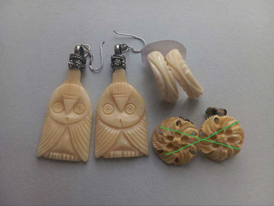 Резная кость браслет, серьги, клипсы, брошь, винтаж.