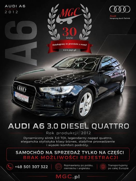 AUDI A6 3.0 TDi QUATTRO AUTOMAT / NA CZĘŚCI / BEZWYPADKOWY