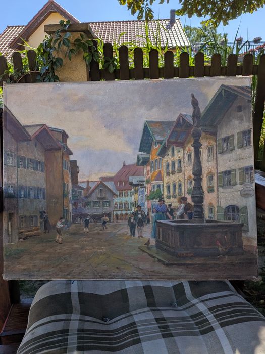 Obraz olejny na płótnie lnianym Rynek w miasteczku 47x37cm