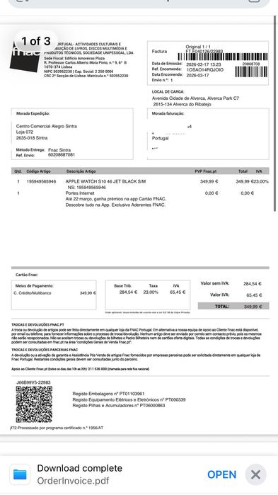 APPLE WATCH S10 46 JET BLACK s m novo e fatura de compra à 4 meses