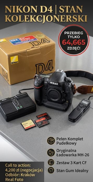 Nikon D4 | Stan Kolekcjonerski | Przebieg TYLKO 64 tys. | Pełen Komplet Pudełkowy | Karty CF
