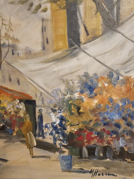 Stary obraz olejny targ kwiatowy Paryż