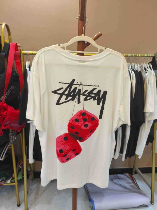 Stussy，Męska biała koszulka z nadrukiem letnim, rozmiar L