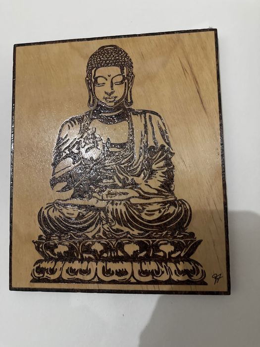 Quadro madeira Budha pirogravado