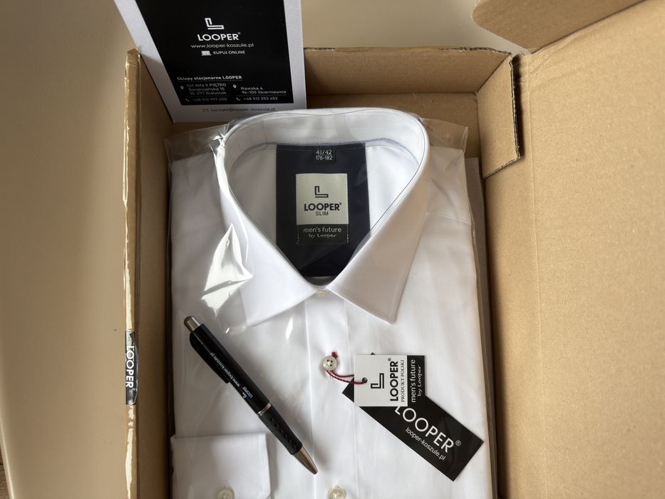 Koszula męska LOOPER - biała z długim rękawem  176/182