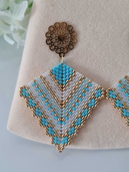 Kolczyki handmade turkusowo-złote Miyuki rękodzieło