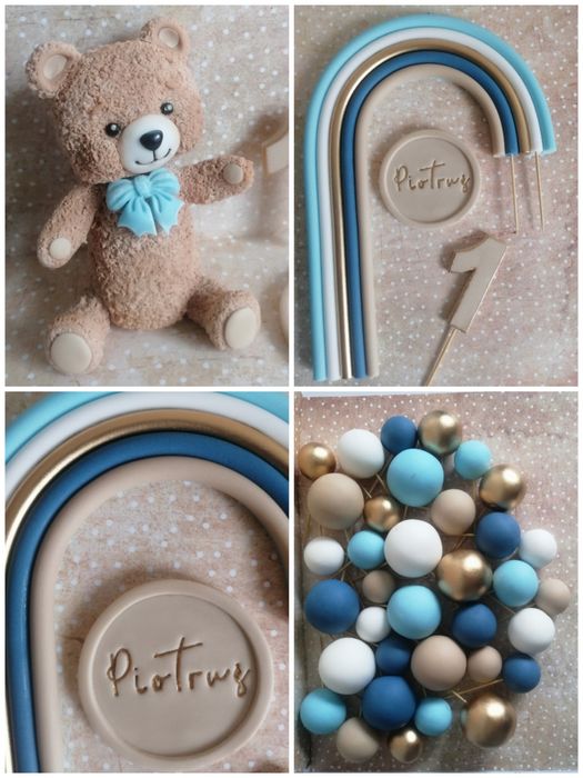 Miś, kule, tęcza z masy cukrowej, dekoracje na tort.