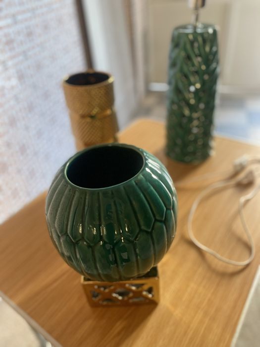 Qconjunto jarra pote com pe de candeeiro ceramica