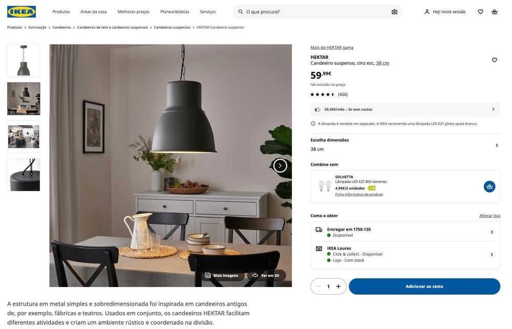 Candeeiro Suspenso IKEA HEKTAR 38cm–Cinzento Escuro–Excelente Estado