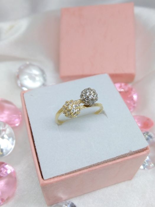 Piękny złoty pierścionek kulki, złoto żółte i białe 585, rozmiar 11