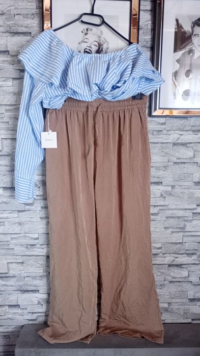 Zestaw luźne spodnie karmel Koszula paski niebieska na  jedno ramię xl