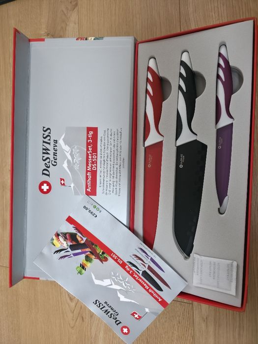Nowy zestaw 3 noży kuchennych DeSWISS Geneva DS-501 z powłoką Non-Stick. Santoku, do mięsa i uniwersalny. Idealne na prezent!
