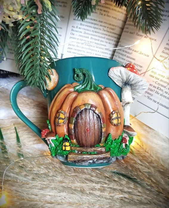 Чашка кружка полимерная глина подарок ручная Тыква Гриб Хеллоуин