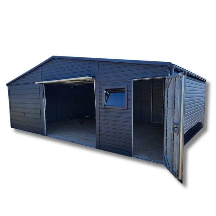 Garaż blaszany dwustanowiskowy 8x5m – ciemny grafit MAT Profil ocynk