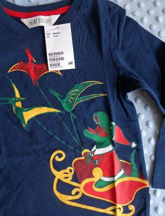 NOWA bluzka koszulka hm h&m 98 104 dinozaur dinozaury mikołaj święta