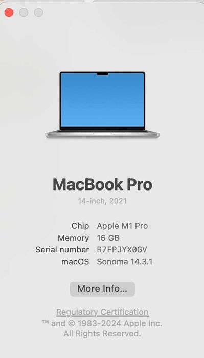 MacBook Pro 14" 2021 — M1 Pro 16GB / 512GB — estado impecável