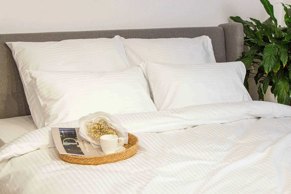 Постільна білизна євро Страйп Сатин біла, постельное белье евро